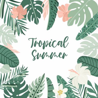 Tropik yaz illüstrasyonu. Yeşillik, palmiye yaprağı, muz yaprağı, amber çiçeği, tesisat çiçeği. Orman yeşillik çerçevesi.