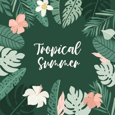 Tropik yaz illüstrasyonu. Yeşillik, palmiye yaprağı, muz yaprağı, amber çiçeği, tesisat çiçeği. Orman yeşillik çerçevesi.
