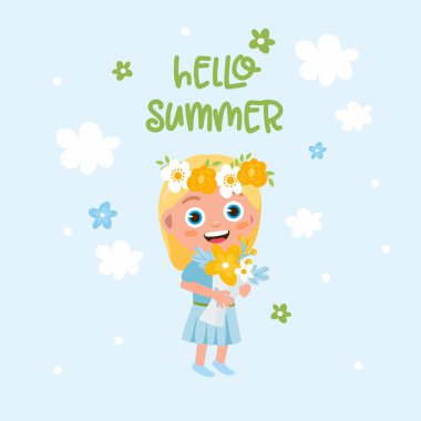 Merhaba Yaz tebrik kartı. Çiçekli küçük bir kız elinde bir buket çiçek tutuyor. İlkbahar veya yaz illüstrasyonu.