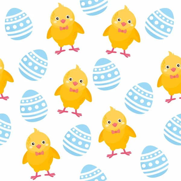 复活节快乐无缝图案 复活节彩蛋和可爱的鸡肉插图 织物印花 质地和包装纸的背景 — 图库矢量图片
