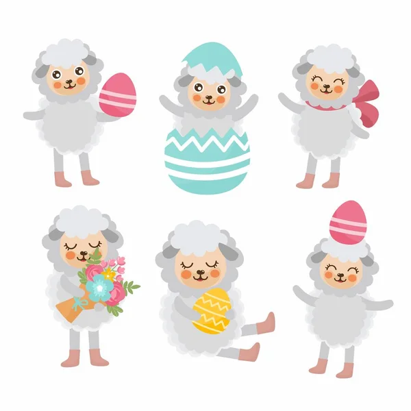 Happy Easter Set Cute Lamb Characters Sheep Easter Eggs Spring — Stock Vector