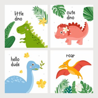 Şirin dinozorlar kart seti. Dino beyaz arka planda izole edilmiş. Çocuk çizimi. Komik karikatür Dino koleksiyonu ve tarih öncesi öğeler.