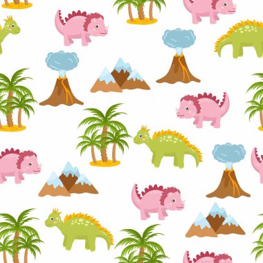 Şirin dinazorlarla kusursuz bir düzen. Beyaz arka planda izole edilmiş şirin dinozorlar. Çocuk çizimi. Komik karikatür dino ve tarih öncesi öğeler.