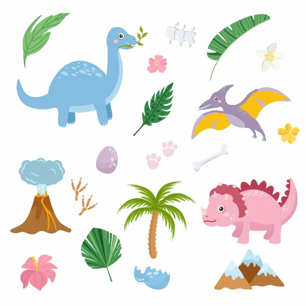 Σύνολο Χαριτωμένων Δεινοσαύρων Που Απομονώνονται Λευκό Φόντο Παιδική Απεικόνιση Αστεία — Διανυσματικό Αρχείο