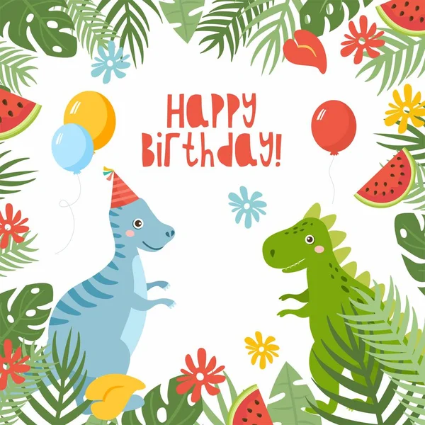Feliz Aniversário Bonito Cartão Saudação Infantil Com Dinossauros Balões Quadro —  Vetores de Stock