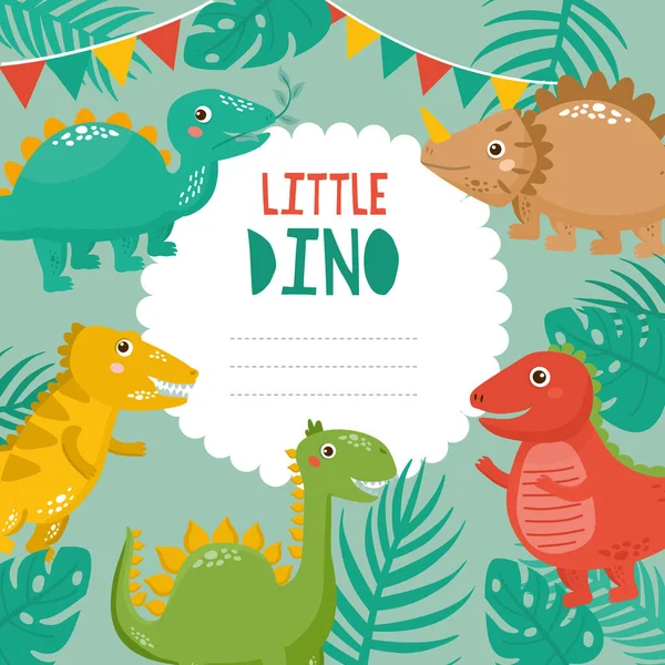 Μικρέ Ντίνο Χαριτωμένη Παιδική Κάρτα Δεινόσαυρους Κορνίζα Γιρλάντα Και Φύλλα — Διανυσματικό Αρχείο