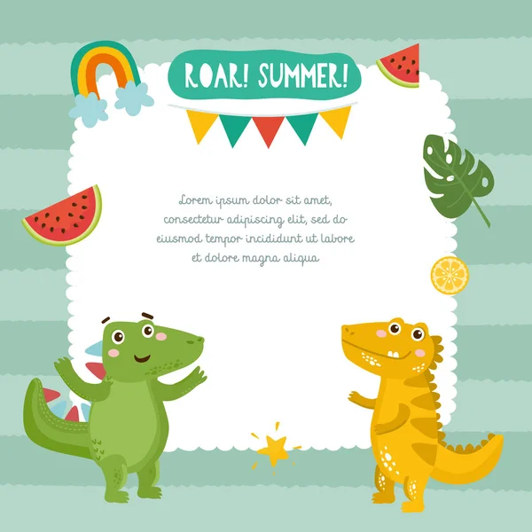 Niedliche Kindliche Karte Mit Dinosauriern Wassermelone Palmblättern Und Regenbogen Babydusche — Stockvektor
