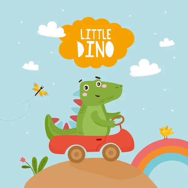 Pequeno Dino Cartão Infantil Bonito Com Dinossauro Carro Arco Íris — Vetor de Stock