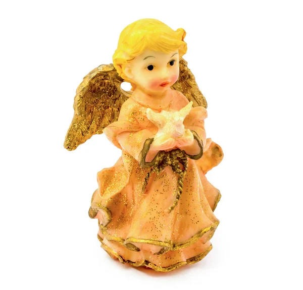 Statuette aus Porzellan Engel mit Taube isoliert auf weißem Hintergrund Stockbild