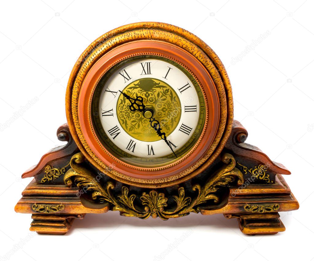 Retro-styled old wooden clock isolated on a white background
