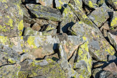 Dağlardaki eski ve güzel bir taş dokunun fotoğrafı, yosunlu taş arka plan.