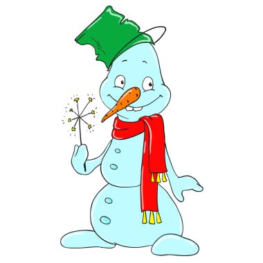 Sevimli karakter kardan adam kafasına bir kova ile. Çizgi film kardan adam ile bir maytap.