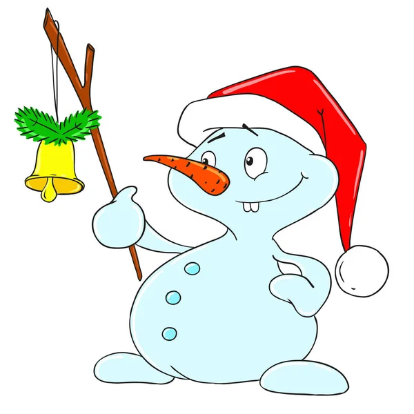 Personagem de desenho animado de boneco de neve. Boneco de neve de Natal com um sino . —  Vetores de Stock