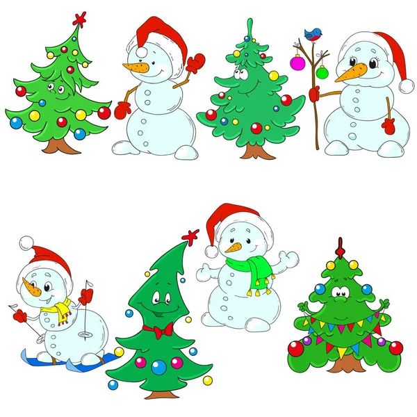 Coleção de Natal. Bonecos de neve engraçados e árvores de Natal . —  Vetores de Stock