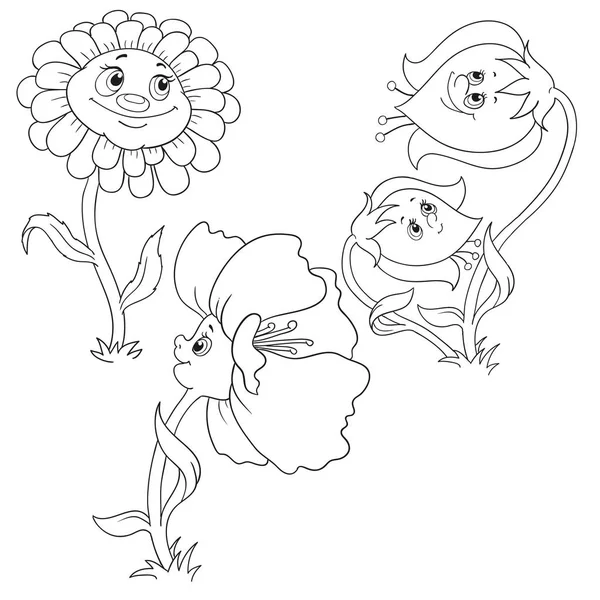 塗り絵のための花を設定します。ベル、ポピー、ガーベラ。漫画のキャラクターの花 — ストックベクタ