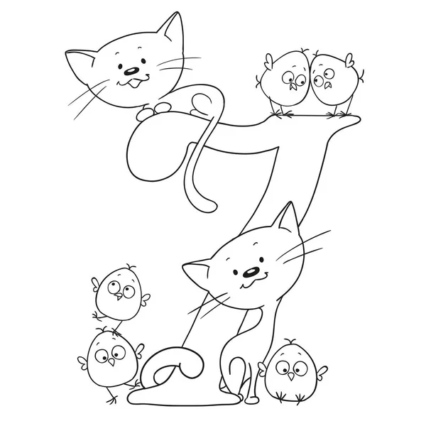 Número sete. Animais de desenhos animados bonitos. Números e animais. Frango e gatinho. Figuras engraçadas para pintar. Doodle vetorial — Vetor de Stock