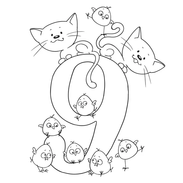 Número nueve. Lindos animales de dibujos animados. Números y animales. Pollo y gatito. Figuras divertidas para pintar. Vector aislado — Vector de stock