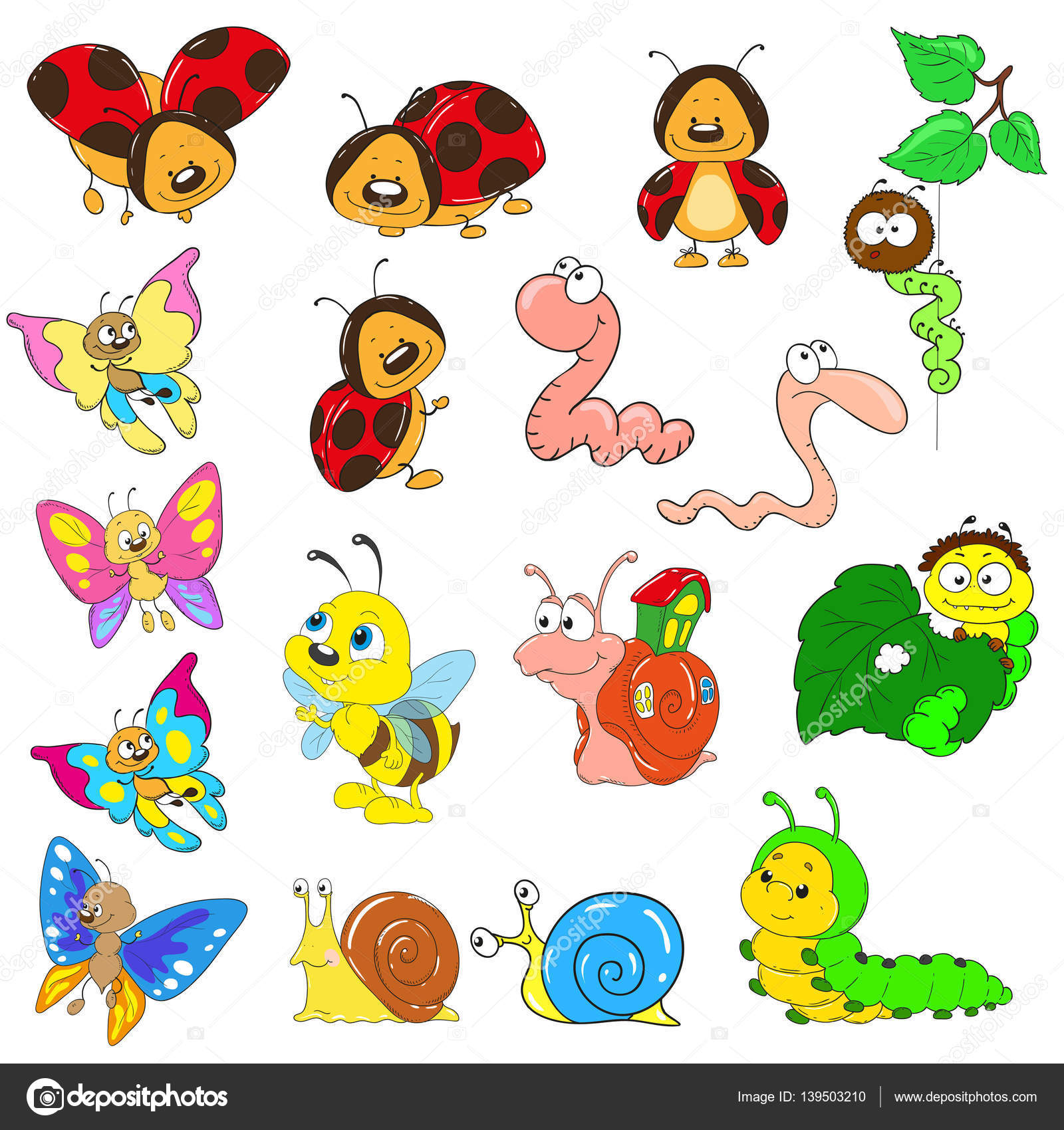 Set of cartoon characters. Insects vector. Snail, caterpillar, worm,  beetle, ladybug, bee. Stock Vector Image by ©hibou-sun #139503210