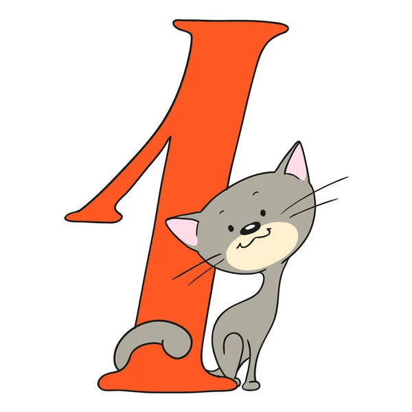 Number one. Fun with numbers and animals. Kitten and figure. Isolated vector doodle. — Stock Vector