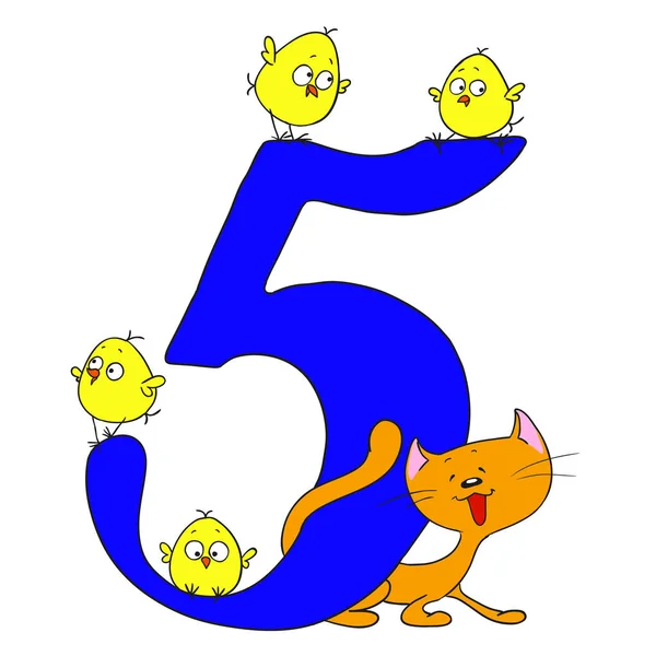 Beş numara. Neşeli selamlar. Kuşlar ve hayvanlar numaraları ile. Yavru kedi ve tavuk. Vektör izole. Çizgi film doodle.