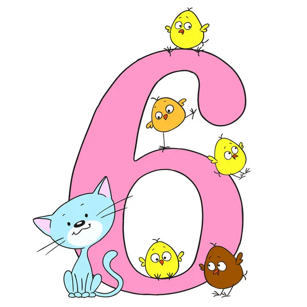 Numéro six. Date de félicitations. Oiseaux et animaux numérotés. Chaton et poulets mignons. Dessin animé vectoriel doodle . — Image vectorielle