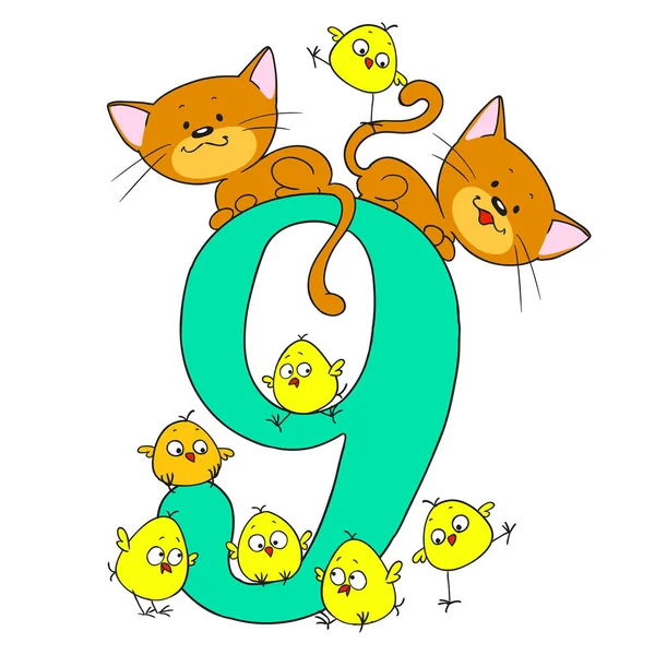 Número nueve. Fecha de felicitaciones. Figuras de aves y animales. Lindo gatito y gallinas. Vector de dibujos animados garabato . — Vector de stock