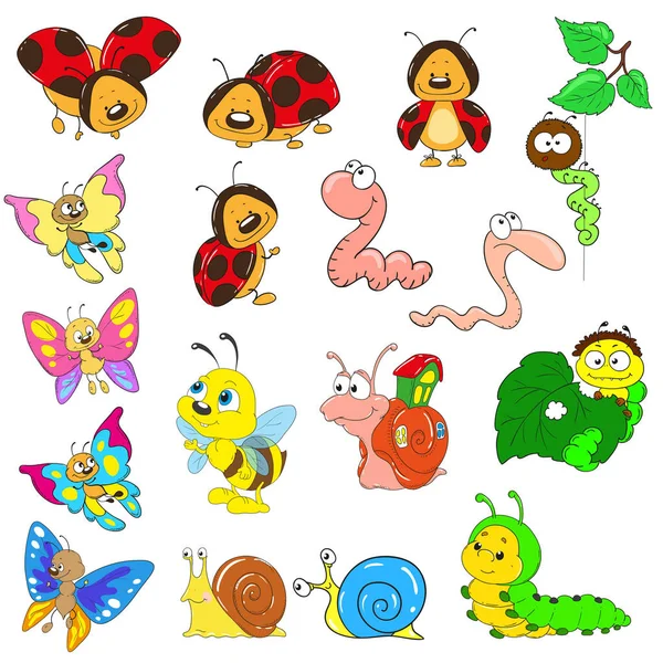 漫画のキャラクターのセットです。昆虫ベクトル。カタツムリ、芋虫、ワーム、カブトムシ、てんとう虫、蜂. — ストックベクタ