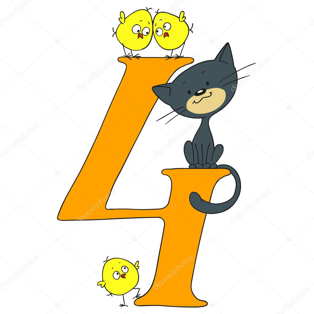 Number four. Cheerful greetings. Birds and animals with numbers. Kitten and chickens. Vector isolated. Cartoon doodle.