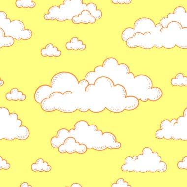 Sorunsuz doodle desen. Çizgi film beyaz bulutlar üzerinde sarı bir arka plan.