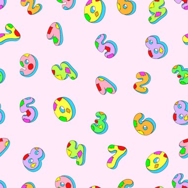 Sorunsuz model numarası. Pembe bir arka plan üzerinde renkli numaraları. Yamalı rakamlar. İzole vektör.