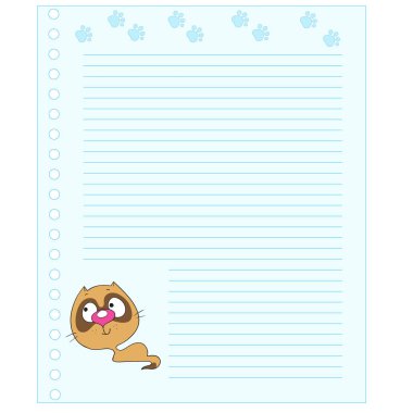 Sevimli çizgi kedi. Şablon defter. Neşeli not defteri. Metin için yer. Vektör çizim.