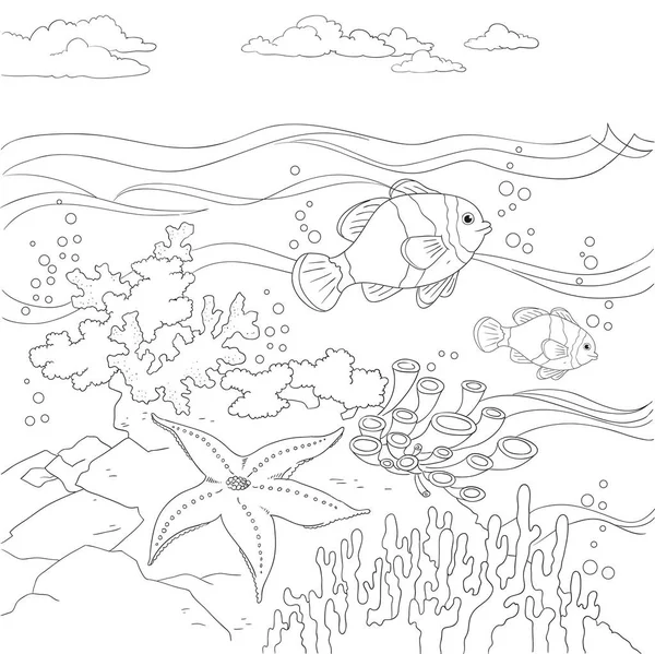 Fondo Del Mar Ilustración Vectorial Blanco Negro Para Colorear Libro — Archivo Imágenes Vectoriales