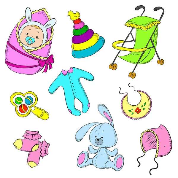 Set para niña recién nacida. Bebé, cochecito, sonajero, gorra, calcetines, niños pequeños, juguete, pirámide — Vector de stock