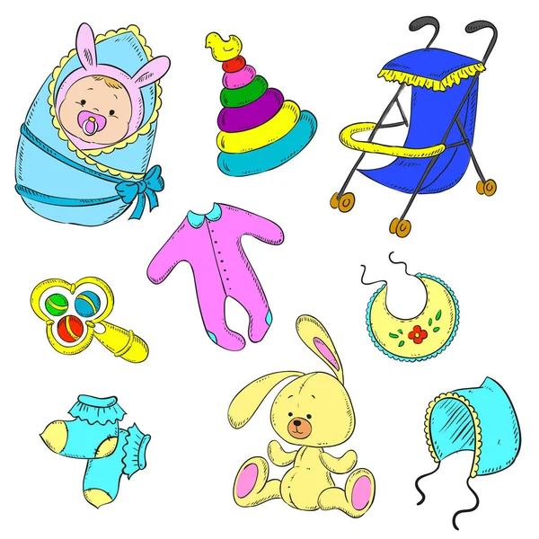 Listos para el recién nacido. Bebé, cochecito, sonajero, gorra, calcetines, niños pequeños, juguete, pirámide — Vector de stock