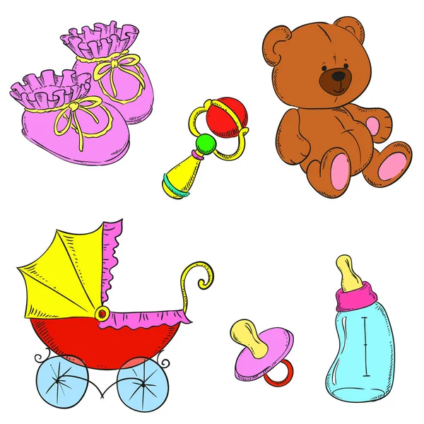 Kinderen set vector. Laarsjes, speelgoed, rammelaar, wandelwagen, fles, tepel — Stockvector