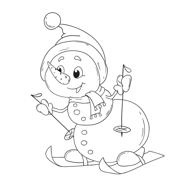 Esquiador muñeco de nieve de dibujos animados. Libro para colorear muñeco de nieve alegre — Vector de stock