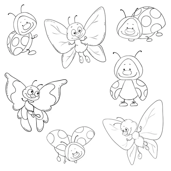 Vektör böcekler kümesi. Kelebekler ve boyama kitabı ladybugs.