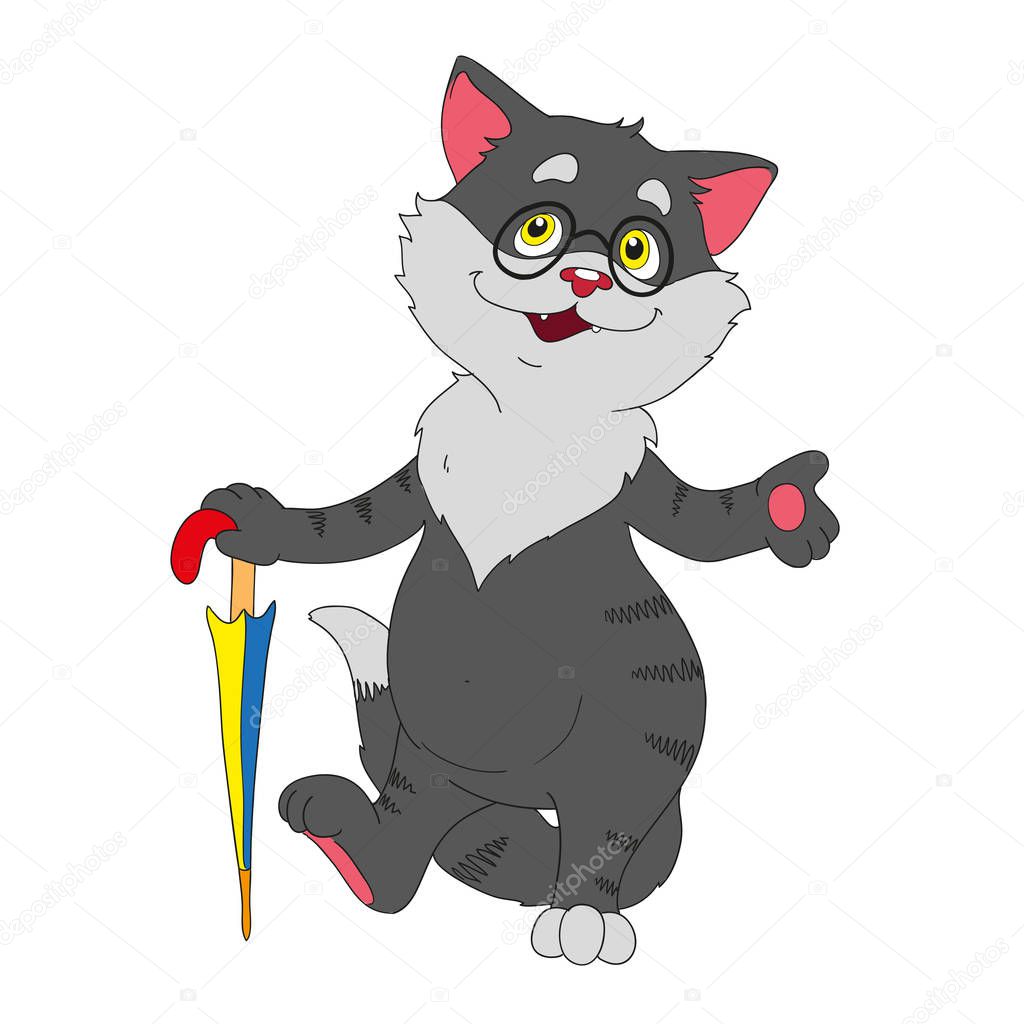 Cute cartoon cat character with umbrella.