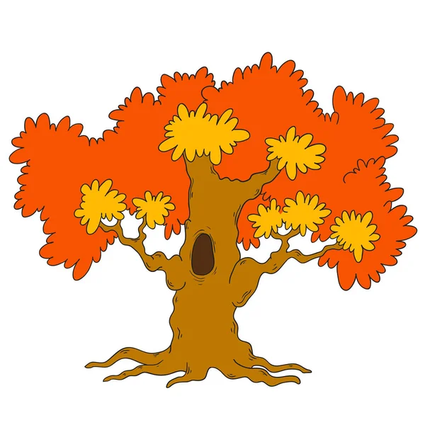 Árbol con hojas rojas. Un árbol grande con un hueco. Follaje otoñal . — Vector de stock