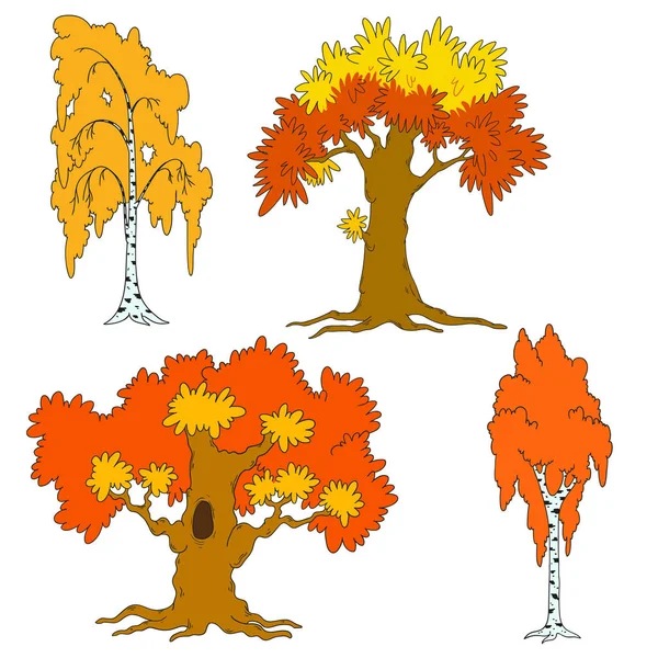 Conjunto de árboles vectoriales. Plantilla para diseño. Vector aislado. Estaciones, otoño. Un árbol con hojas rojas y naranjas . — Vector de stock