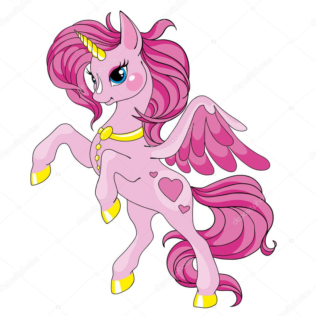 Fairy tale character horse. Cartoon unicorn. Pink unicorn with long mane. Vector isolated on white background. Character is fabulous.