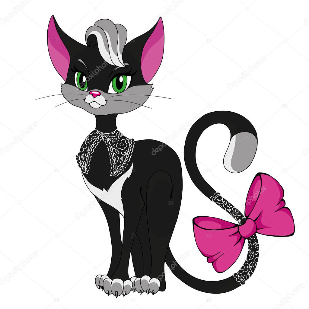 Cat lady. Cartoon character kitty. Vector isolated cat with a pink bow. Cute cat character