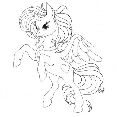 Boyama kitabı sayfası. Tek boynuzlu at inanılmaz. Kanatlı at. Beyaz arka plan üzerinde izole vektör çizim.