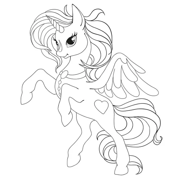 Boyama kitabı sayfası. Tek boynuzlu at inanılmaz. Kanatlı at. Beyaz arka plan üzerinde izole vektör çizim.