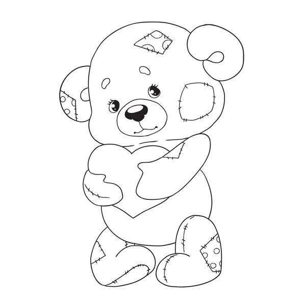Roztomilý kreslený charakter teddy. Medvěd se srdcem. Vybarvování omalovánek. Vektor, samostatný. — Stockový vektor