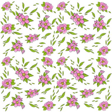 Çiçek deseni. Kiraz çiçekleri. Beyaz arka plan üzerinde vektör görüntü. Tekstil, tasarım unsuru. Kumaş üzerine çizim.