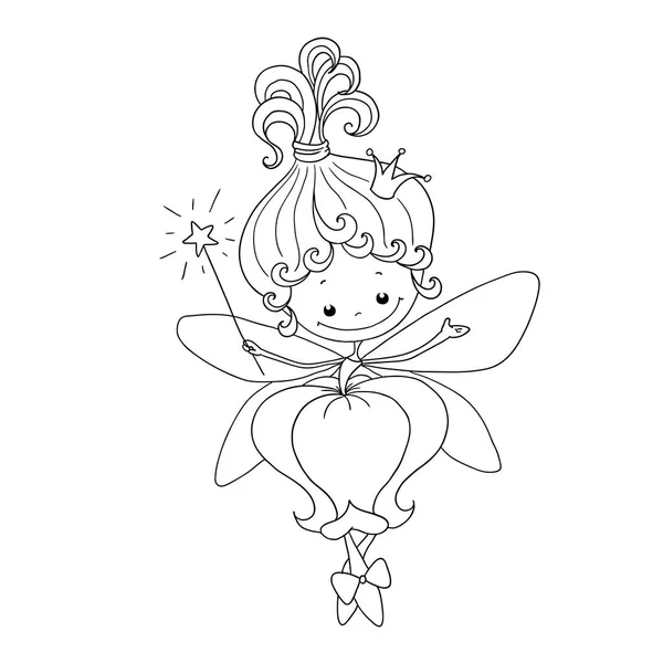 En söt älva karaktär med en trollstav. Flower fairy tecknet för målarbok. Vector isolerad på vit bakgrund. Doodle hand ritning. — Stock vektor