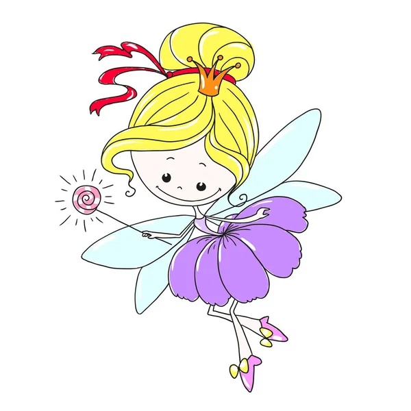 Мила героїня мультфільму фея. Квіткова фея з чарівною паличкою. Міфічна істота з крилами. Вектор ізольовано, креслення вручну . — стоковий вектор