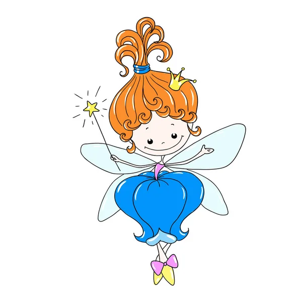 Gullig tecknad karaktär fairy. Blomsterälva med en trollstav. Älva i en blommig klänning. Mytisk varelse med vingar. Vector isolerad, hand ritning. — Stock vektor