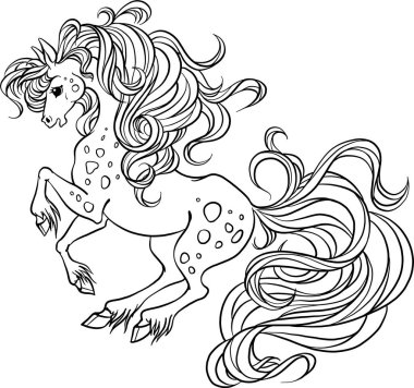 Çok güzel bir at. Atlı taşıyıcı. Boyama kitabı sayfası. Çocukların yaratıcılığı için boyama kitabı. Uzun yeleli bir çizgi film atı. Uzun saç boyası.